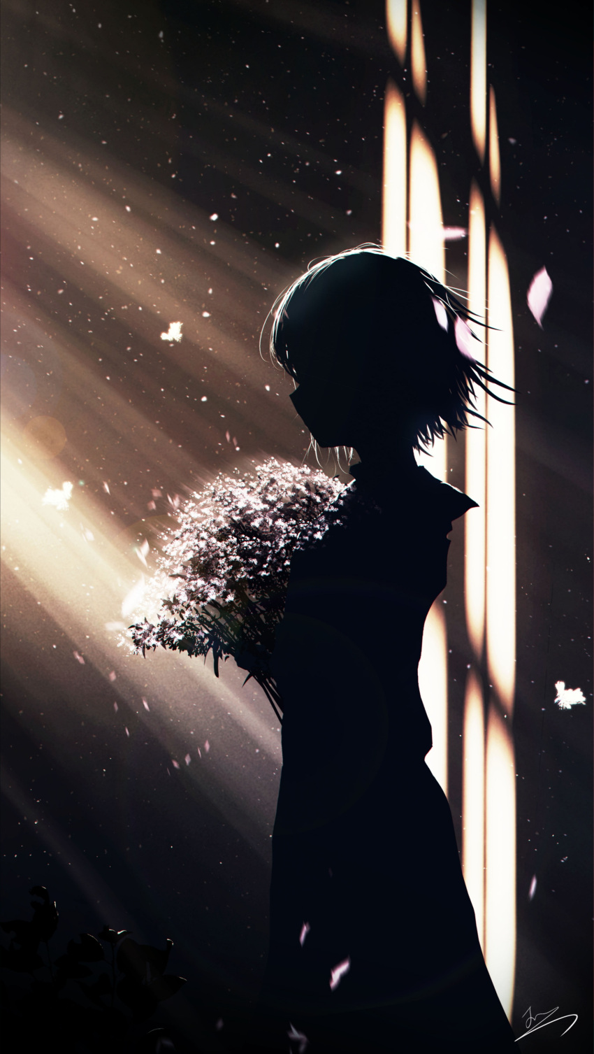 1girl absurdres bangs blinds bouquet falling_petals fantasy feet_out_of_frame from_side highres holding holding_bouquet jacket light_particles original petals plant scenery shirt short_hair signature silhouette skirt skyrick9413 solo standing sunlight