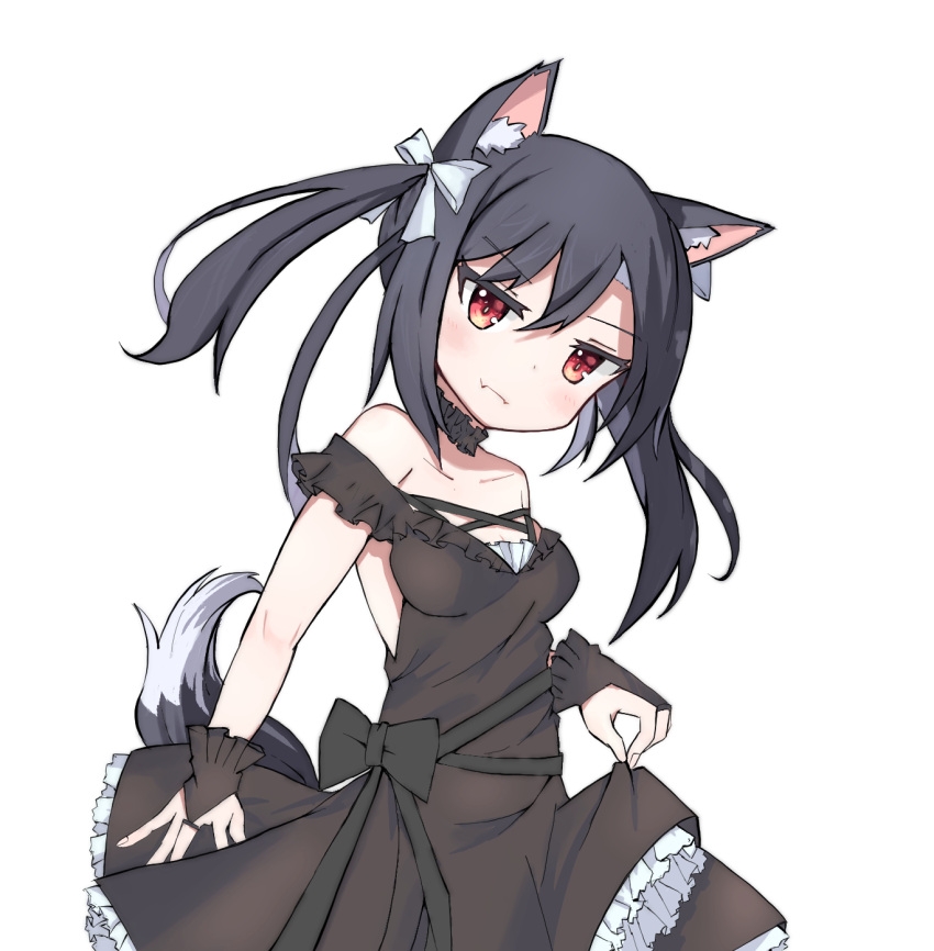 1girl animal_ears azur_lane bangs bare_shoulders black_dress black_hair bow bridal_gauntlets collarbone commentary_request detached_sleeves dress frilled_dress frills haemori_ako hair_between_eyes hair_bow hair_ribbon highres jitome long_hair looking_at_viewer official_alternate_costume red_eyes ribbon shigure_(azur_lane) shigure_(the_ballroom's_lucky_star)_(azur_lane) sidelocks simple_background smile solo strapless strapless_dress tail twintails white_background wolf_ears wolf_girl wolf_tail