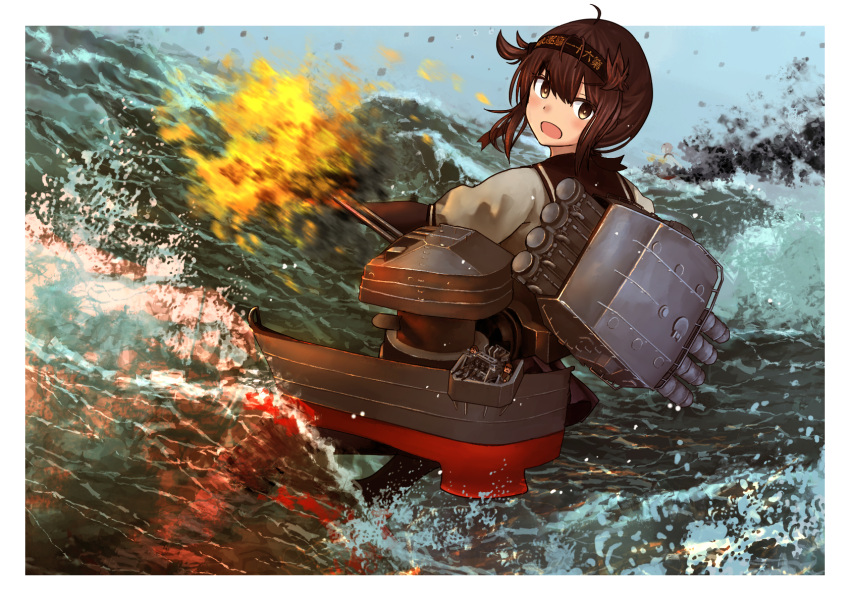 1girl black_bodysuit black_headband blush bodysuit brown_eyes brown_hair clothes_writing hachimaki hair_between_eyes hair_flaps hatsuzuki_(kancolle) hatsuzuki_(kantai_collection) headband highres kantai_collection machinery ocean open_mouth rigging school_uniform serafuku short_hair short_sleeves solo timmyyen turret