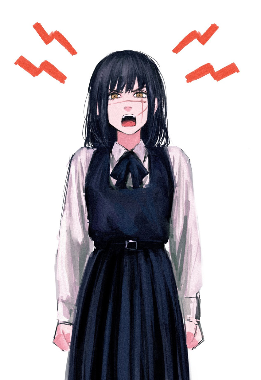 1girl angry bangs black_dress black_hair bow chainsaw_man collared_shirt cowboy_shot cross_scar dress emphasis_lines highres long_hair looking_at_viewer open_mouth pinafore_dress raberu_ruru ringed_eyes scar scar_on_cheek scar_on_face shirt simple_background solo white_background white_shirt yellow_eyes yoru_(chainsaw_man)