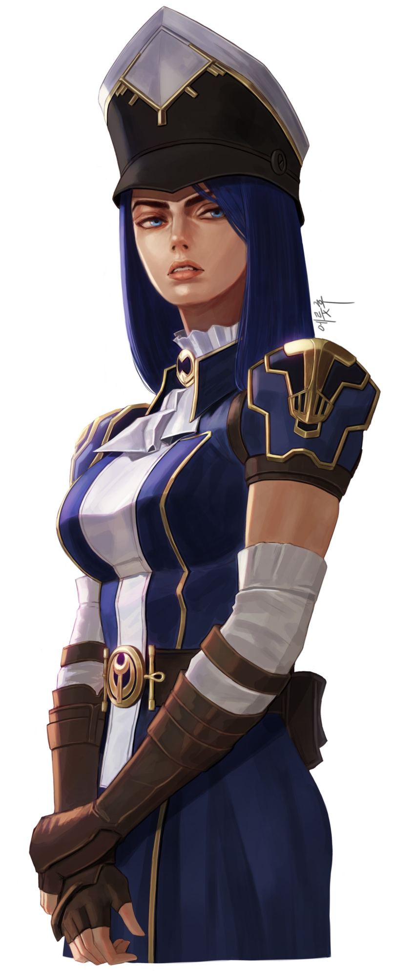 1girl absurdres arcane:_league_of_legends arcane_caitlyn ascot belt black_headwear blue_hair breasts brown_belt brown_gloves caitlyn_(league_of_legends) cropped_legs detached_sleeves eruthu fingerless_gloves gem gloves highres large_breasts league_of_legends long_hair parted_lips police police_uniform policewoman short_sleeves signature simple_background solo teeth uniform white_background