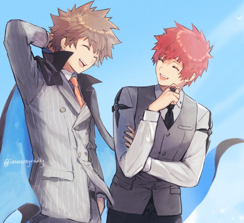 2boys :d ^_^ alternate_costume arm_behind_head bangs black_cape black_necktie black_pants blonde_hair blue_sky brown_hair cape cezaria closed_eyes collared_shirt emiya_shirou enma_kozato facing_another formal grey_jacket grey_pants grey_suit grey_vest hair_between_eyes hand_in_pocket hand_on_own_arm highres jacket jewelry katekyo_hitman_reborn male_focus multiple_boys necktie open_mouth orange_necktie pants pinstripe_pattern redhead ring sawada_tsunayoshi shirt short_hair sky smile spiky_hair striped suit teeth two-sided_fabric upper_body upper_teeth vest white_shirt