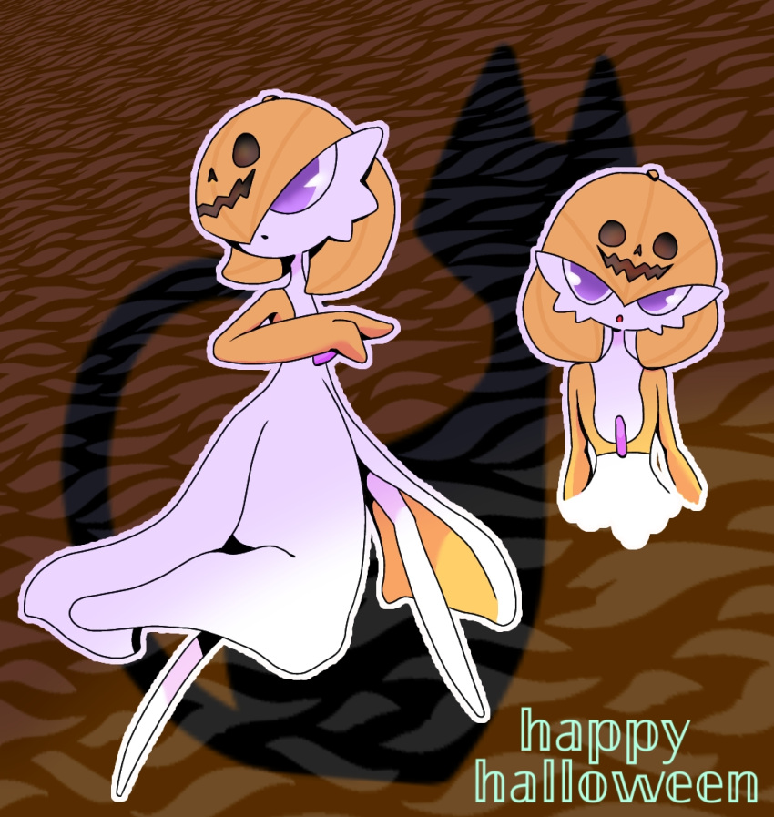 1girl alternate_color alternate_shiny_pokemon arms_at_sides bangs bob_cut brown_background colored_skin commentary_request cropped_torso english_commentary english_text flat_chest full_body gardevoir hair_between_eyes hair_over_one_eye halloween happy_halloween jack-o'-lantern legs_apart looking_at_viewer mixed-language_commentary multicolored_skin multiple_views one_eye_covered open_mouth orange_hair orange_skin outline partial_commentary pokemon pokemon_(creature) shadow short_hair standing two-tone_skin upper_body violet_eyes white_outline white_skin yuri_(pixiv_76483886)