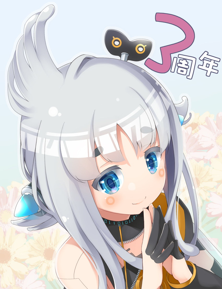 1girl 774_inc. and_uge bangs bare_shoulders blue_eyes closed_mouth cowlick dress flower gloves grey_hair highres joints long_hair looking_at_viewer own_hands_together robot_joints sch sleeveless sleeveless_dress smile solo steepled_fingers thick_eyebrows upper_body v_ap_art virtual_youtuber winding_key