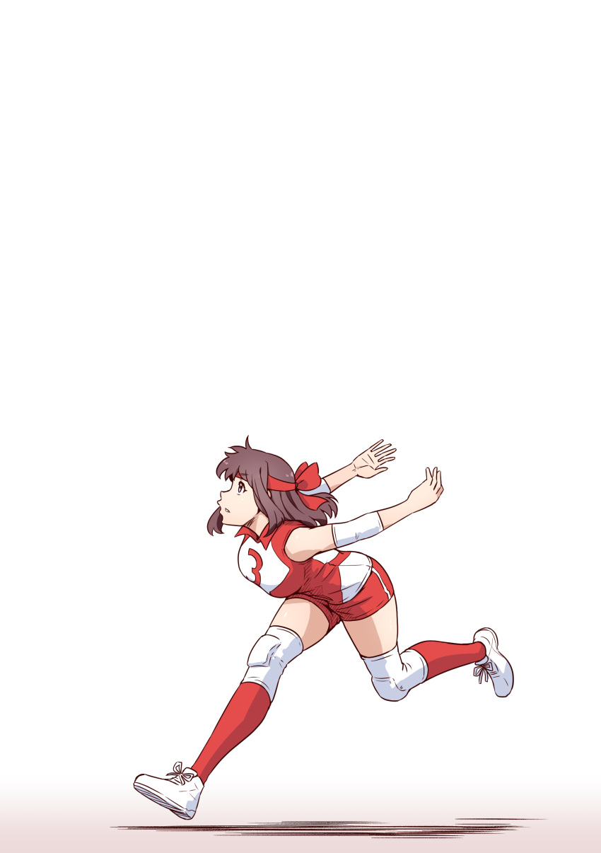 1girl absurdres bangs brown_eyes brown_hair commentary_request elbow_pads girls_und_panzer headband highres knee_pads kondou_taeko leaning_forward medium_hair outstretched_arms partial_commentary red_headband red_legwear red_shirt red_shorts red_socks running satou_yasu shirt shoes short_shorts shorts simple_background single_vertical_stripe sleeveless sleeveless_shirt sneakers socks solo sportswear spread_arms volleyball_uniform white_background white_footwear