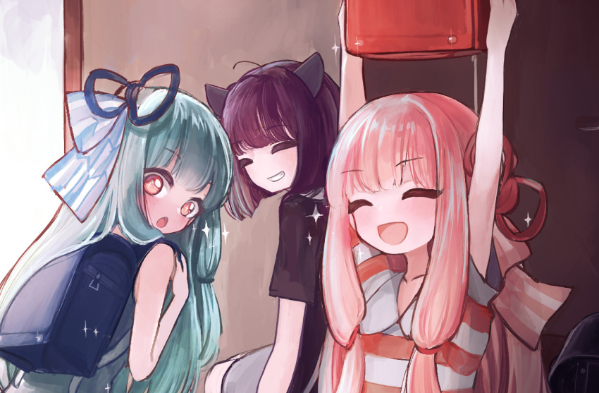 3girls ^_^ ahoge arms_up bag bangs blue_bag blue_hair blush closed_eyes collarbone collared_shirt grin hair_ornament holding holding_bag kotonoha_akane kotonoha_aoi light_blue_hair long_hair microa multiple_girls no_pupils open_mouth pink_eyes pink_hair red_bag school_bag shirt short_hair short_sleeves siblings sisters smile sparkle striped striped_shirt teeth touhoku_kiritan upper_teeth voiceroid