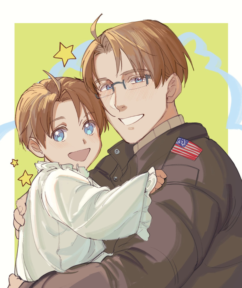 2boys ahoge america_(hetalia) american_flag axis_powers_hetalia blonde_hair blue_eyes bombergirl chemise child collar dual_persona frilled_collar frills glasses green_background grin highres jacket long_sleeves looking_at_viewer male_child male_focus multiple_boys open_mouth photo-referenced simple_background smile star_(symbol) starry_background time_paradox two-tone_background white_background zhongerweiyuan