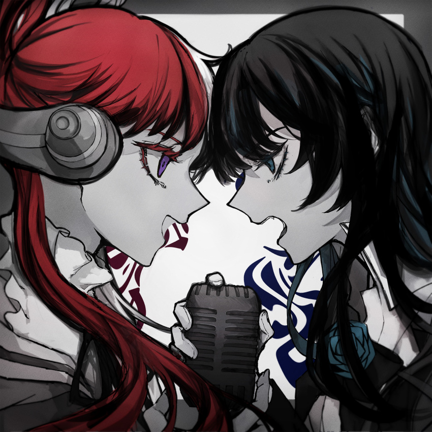 2girls absurdres ado_(singer) album_cover bangs black_hair blue_eyes blue_flower blue_hair blue_rose collar collared_shirt cover ewkkyorhr_(orihara) eye_contact face-to-face flower forehead-to-forehead frilled_collar frills from_side gloves headphones heads_together highres holding holding_microphone long_hair looking_at_another microphone multicolored_hair multiple_girls official_art one_piece one_piece_film:_red open_mouth popped_collar portrait profile redhead rose second-party_source shirt streaked_hair two-tone_hair uta_(one_piece) vintage_microphone violet_eyes white_background white_gloves white_hair white_shirt