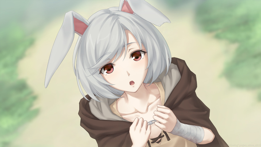 1girl :o animal_ears bandaged_arm bandages bangs blurry blurry_background brown_cloak brown_skirt bunny_ears cloak collarbone depth_of_field dutch_angle grey_hair hands_up highres hood hood_down hooded_cloak looking_at_viewer miura-n315 notched_ear open_mouth original rabbit_ears red_eyes skirt solo swept_bangs