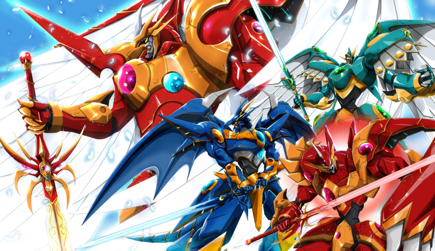 asymmetrical_arms ceres_(rayearth) clenched_hand combined_rayearth feathers highres holding holding_sword holding_weapon leaning_forward looking_to_the_side looking_up magic_knight_rayearth mecha mechanical_wings monmon_(monban) no_humans rayearth_(character) robot sky sunrise_stance sword weapon windam_(rayearth) wings