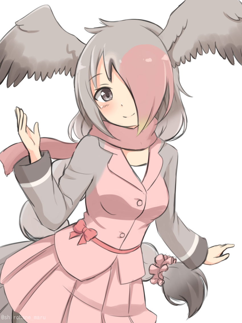 1girl absurdres bangs breasts commentary_request grey_eyes grey_hair hair_over_one_eye head_wings highres kemono_friends long_hair long_sleeves looking_at_viewer low-tied_long_hair medium_breasts pink-backed_pelican_(kemono_friends) pink_hair pink_scarf pink_skirt pleated_skirt scarf shiraha_maru simple_background skirt smile solo tail very_long_hair white_background