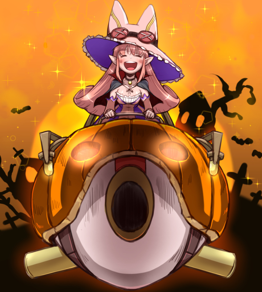 1girl capelet closed_eyes fate/grand_order fate_(series) habetrot_(fate) halloween halloween_costume hat highres jack-o'-lantern long_hair open_mouth orange_background pink_hair pointy_ears riding smile solo sparkle taru_neko witch_hat