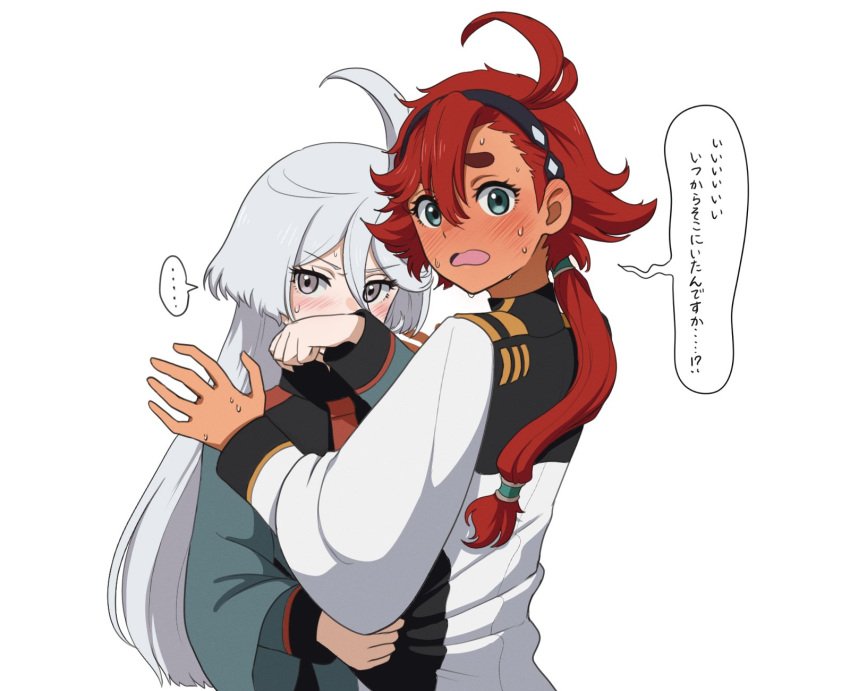 2boys 2girls ahoge asticassia_school_uniform black_hairband blue_eyes blush clothes_grab commentary_request covering_mouth grey_eyes gundam gundam_suisei_no_majo hairband hand_over_own_mouth highres long_hair long_sleeves looking_at_viewer looking_back male_focus miorine_rembran multiple_boys multiple_girls nieto_tokage red_hair redhead school_uniform suletta_mercury sweat translated upper_body white_background white_hair yuri