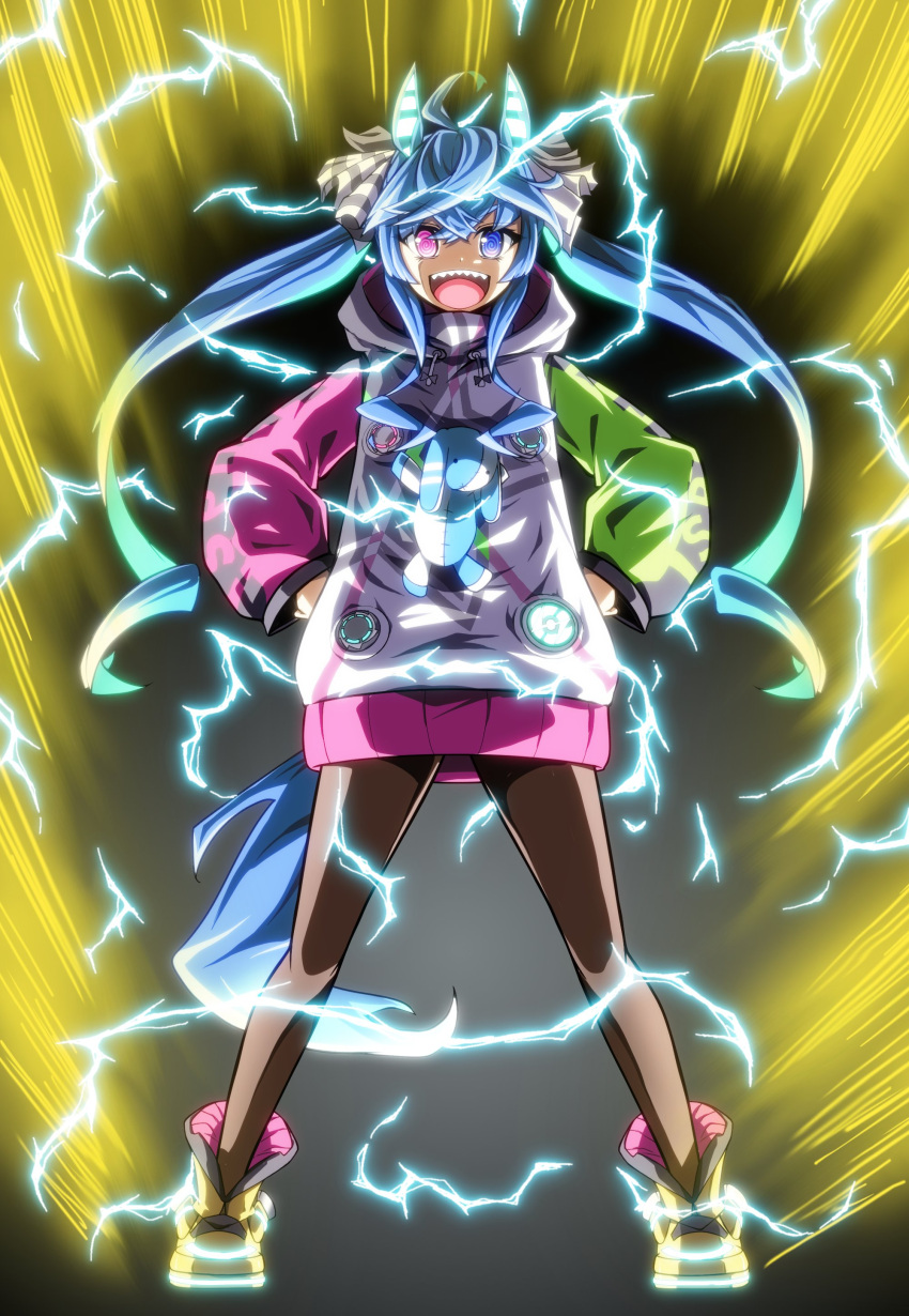 1girl :d absurdres ahoge animal_ears ankle_boots aqua_hair aura bangs black_bodysuit blue_eyes blue_hair bodysuit boots clothes_writing coat commentary_request derivative_work dragon_ball dragon_ball_z drawstring electricity full_body hair_ribbon hands_on_hips heterochromia highres hood hood_down hooded_coat horse_ears horse_girl kamishima_kanon long_hair long_sleeves looking_at_viewer messy_hair multicolored_coat open_mouth ribbon sharp_teeth shibainutank sidelocks smile solo standing stuffed_animal stuffed_bunny stuffed_toy super_saiyan super_saiyan_2 teeth twin_turbo_(umamusume) twintails umamusume violet_eyes white_coat white_ribbon yellow_footwear