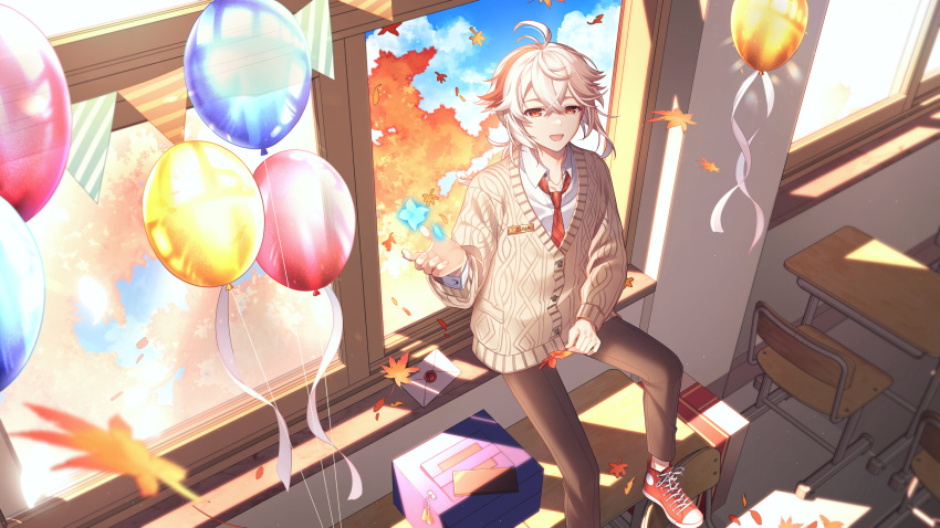 1boy absurdres balloon bangs classroom commentary_request day genshin_impact gloves hair_between_eyes happy_birthday highres hwaen kaedehara_kazuha korean_commentary leaf long_hair male_focus multicolored_hair necktie open_mouth pants ponytail red_eyes redhead simple_background solo streaked_hair uniform white_hair