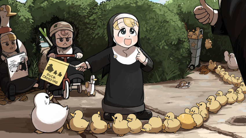 4girls :&lt; :d @_@ aged_down autumn_leaves beret bird black_footwear blonde_hair blue_eyes brown_eyes brown_hair bush catholic chick chicken clumsy_nun_(diva) diva_(hyxpk) drawing duck duckling english_commentary flag food froggy_nun_(diva) fruit goose habit hat highres holding holding_flag lemon little_nuns_(diva) mole_(animal) multiple_girls notepad nun odd_one_out pointing pointing_at_self red_headwear riding_tricycle smile spicy_nun_(diva) star_nun_(diva) star_ornament thumbs_up tree tricycle yellow_eyes