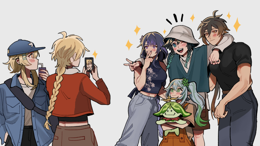 16cka 3boys 3girls ;d aether_(genshin_impact) arama_(genshin_impact) aranara_(genshin_impact) bangs blonde_hair blush braid braided_ponytail brother_and_sister casual cellphone character_doll closed_mouth colored_tips drinking_straw_in_mouth female_child genshin_impact green_eyes green_hair hair_between_eyes hat highres holding holding_phone long_hair long_sleeves lumine_(genshin_impact) multicolored_hair multiple_boys multiple_girls nahida_(genshin_impact) one_eye_closed open_mouth phone pointy_ears purple_eyes purple_hair raiden_shogun siblings sidelocks smartphone smile sparkle v venti_(genshin_impact) violet_eyes yellow_eyes zhongli_(genshin_impact)
