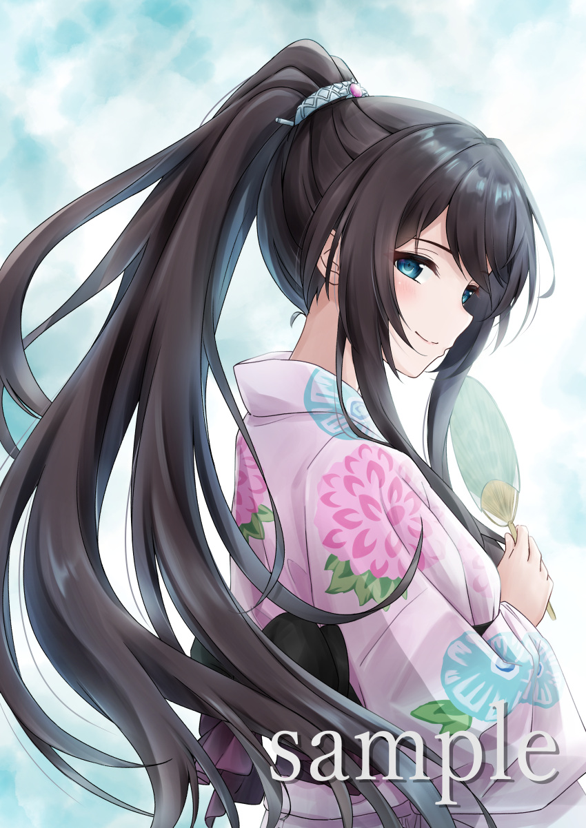 1girl absurdres aqua_background assault_lily back_bow bangs black_bow blue_eyes blush bow breasts brown_hair closed_mouth commentary_request commission fan floral_print free_palet from_side gradient gradient_background hair_ornament hand_fan hand_up high_ponytail highres holding holding_fan japanese_clothes kimono long_hair long_sleeves looking_at_viewer looking_to_the_side medium_breasts paper_fan pink_kimono ponytail print_kimono sample_watermark serizawa_chikaru sidelocks skeb_commission smile solo standing uchiwa upper_body very_long_hair white_background wide_sleeves yukata