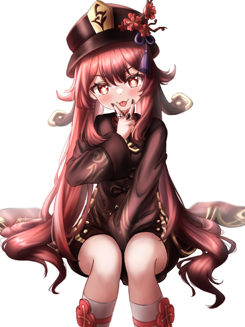 1girl :p absurdres bangs blush brown_hair chinese_clothes commentary_request fingers_to_mouth flower genshin_impact hair_between_eyes hair_ornament hat hat_flower hat_ornament highres hu_tao_(genshin_impact) jewelry kneehighs kuma_piv long_hair long_sleeves looking_at_viewer red_eyes ring short_shorts shorts sidelocks simple_background sitting socks solo symbol-shaped_pupils tongue tongue_out twintails v very_long_hair white_background