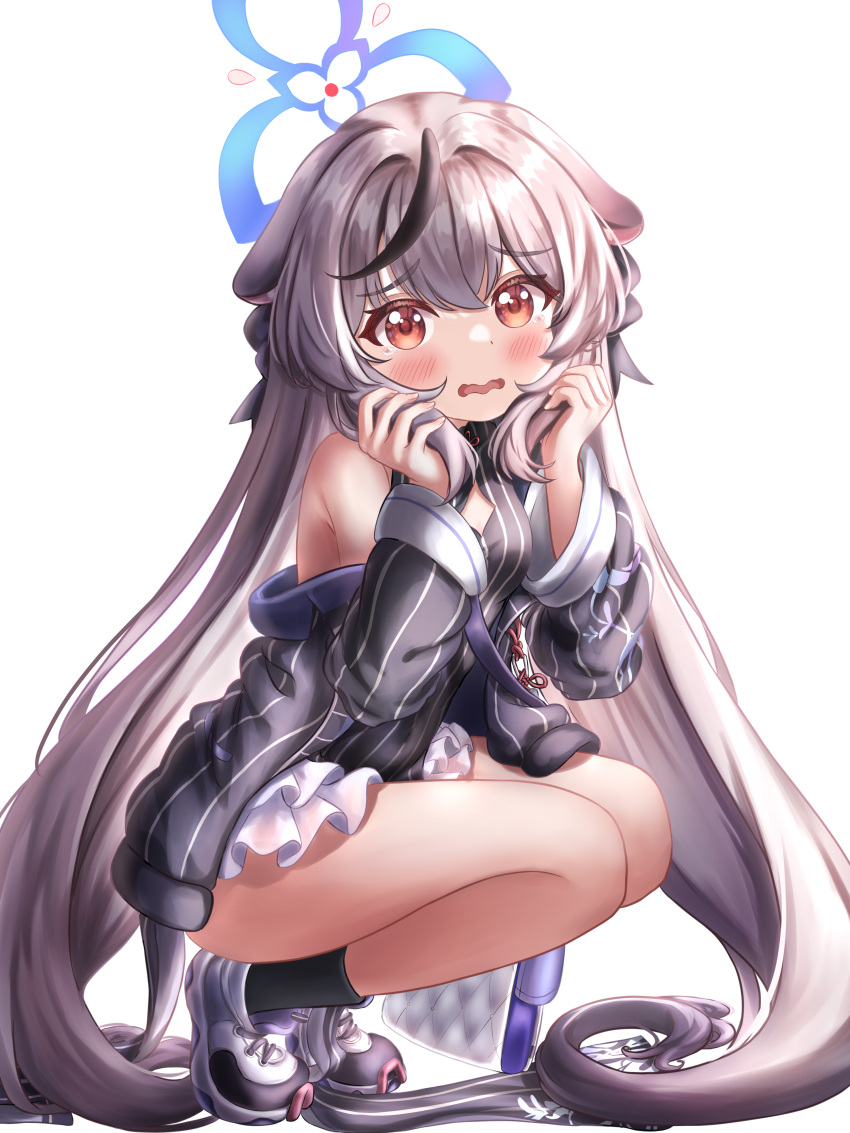 1girl absurdres animal_ears bangs blue_archive blush commentary_request dress grey_hair hair_between_eyes halo highres kokona_(blue_archive) kuma_piv long_hair looking_at_viewer low_twintails multicolored_hair red_eyes shoes sidelocks simple_background sleeveless sneakers solo squatting streaked_hair tiger_ears tiger_girl twintails very_long_hair white_background