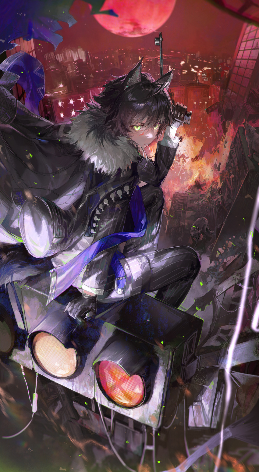 1boy absurdres ahoge animal_ear_fluff animal_ears arknights bangs black_coat black_gloves black_hair black_pants city coat coat_on_shoulders daylightallure from_behind full_body full_moon fur-trimmed_coat fur_trim gloves gun highres holding holding_gun holding_weapon jacket long_sleeves looking_at_viewer looking_back male_focus moon night outdoors pants red_moon short_hair sitting solo tail traffic_light vigil_(arknights) weapon wolf wolf_boy wolf_ears wolf_tail yellow_eyes