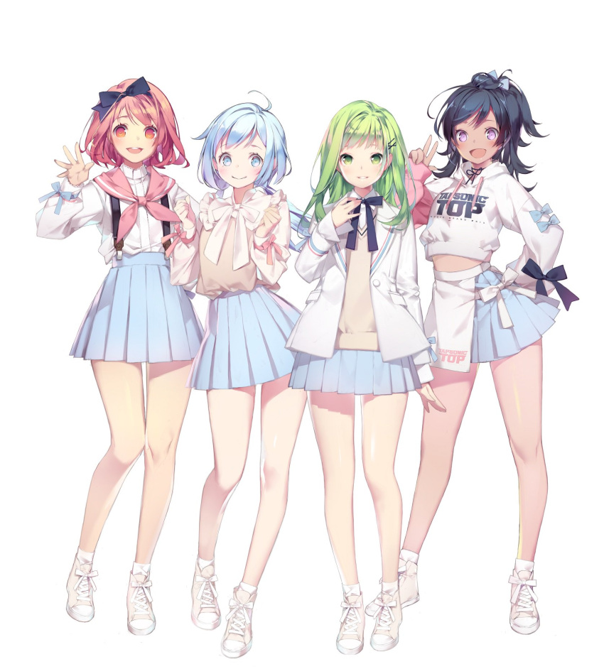 4girls bangs bare_legs black_hair black_ribbon blue_eyes blue_hair blue_skirt bow commentary_request d dark_skin djmax green_eyes green_hair highres jacket long_hair looking_at_viewer medium_hair multiple_girls open_mouth parted_lips pleated_skirt ponytail purple_eyes red_eyes redhead ribbon shirt shoes short_hair simple_background skirt smile sneakers suspenders sweater twintails v violet_eyes white_background white_footwear white_jacket