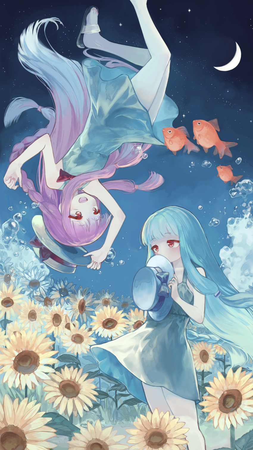 2girls animal bangs bare_arms bare_shoulders blue_bow blue_hair blue_headwear bow braid bubble clothes_lift covered_mouth crescent_moon dress dress_lift fish flip-flops flower goldfish hat hat_bow highres holding holding_clothes holding_hat kotonoha_akane kotonoha_aoi leaf light_blue_hair long_hair microa moon multiple_girls pink_hair red_bow red_eyes sandals siblings sisters sky sleeveless sleeveless_dress smile standing star_(sky) starry_sky sunflower upside-down very_long_hair voiceroid wind wind_lift yellow_flower yellow_headwear