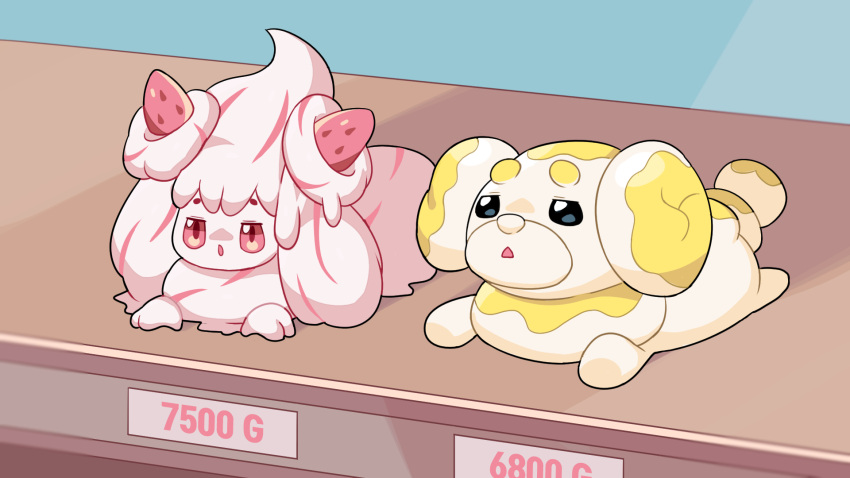 alcremie alcremie_(strawberry_sweet) alcremie_(vanilla_cream) animal_focus bangs black_eyes colored_sclera commentary_request drunkoak english_commentary fidough food food_focus fruit full_body half-closed_eyes highres jitome korean_commentary long_hair lying mixed-language_commentary multicolored_hair no_humans on_stomach open_mouth partial_commentary pink_hair pokemon pokemon_(creature) red_eyes red_sclera sidelocks strawberry streaked_hair two-tone_hair