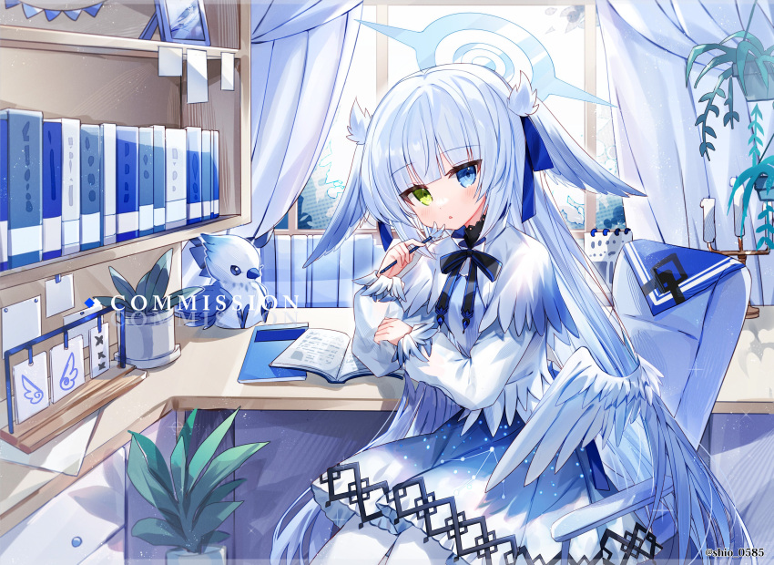 1girl absurdres bangs blue_eyes blunt_bangs blush book bookshelf candlestand closed_mouth commission green_eyes heterochromia highres holding holding_pencil indoors long_hair long_sleeves looking_at_viewer original pencil shio_0585 sitting solo white_hair window wings