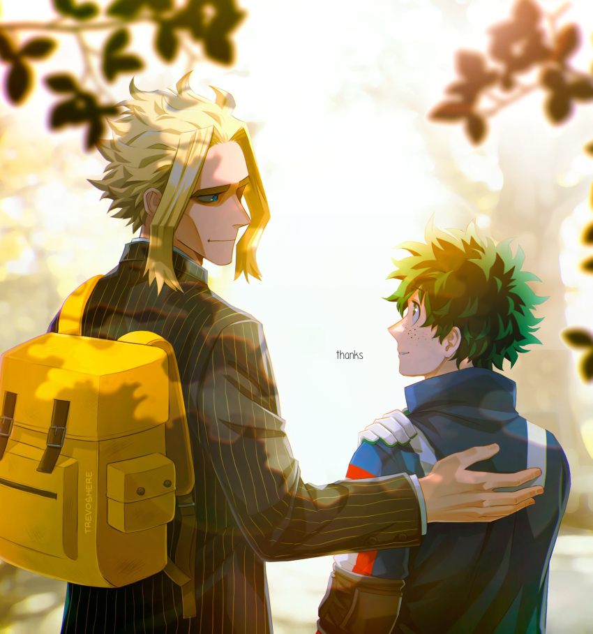 2boys artist_name backpack bag bangs black_jacket blonde_hair blurry blurry_background boku_no_hero_academia closed_mouth depth_of_field freckles from_behind green_eyes green_hair highres jacket long_sleeves looking_at_another male_focus medium_hair mioda_ibuki multiple_boys outdoors parted_lips short_hair smile striped striped_jacket trevo_(trevoshere) u.a._gym_uniform yagi_toshinori yellow_bag