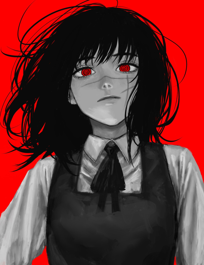 1girl black_hair black_ribbon chainsaw_man collared_shirt cross_scar dress highres long_hair looking_at_viewer messy_hair monochrome pinafore_dress raberu_ruru red_background red_eyes red_theme ribbon ringed_eyes scar scar_on_face shirt simple_background solo spot_color white_shirt yoru_(chainsaw_man)