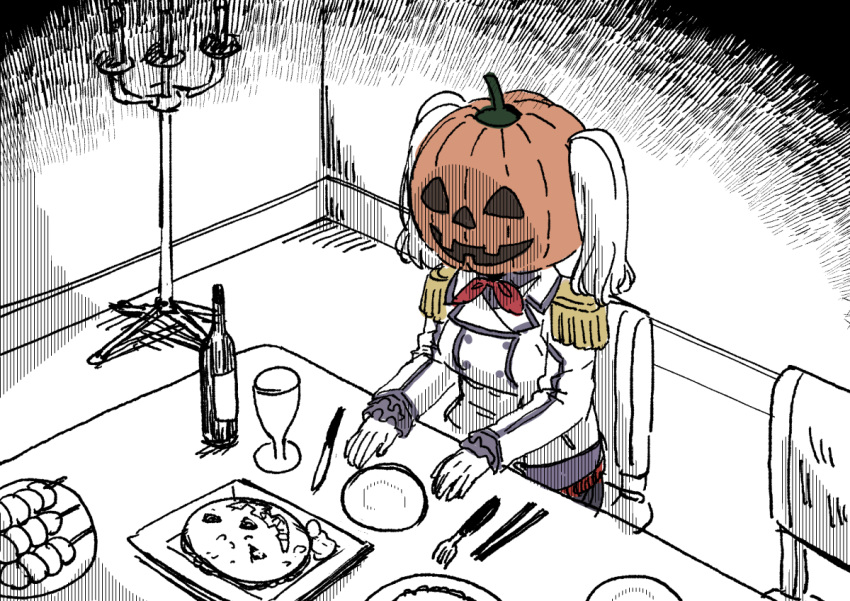 1girl alcohol breasts candlestand chopsticks cup dango drinking_glass epaulettes food fork frills gloves grey_hair ink ishii_hisao jack-o'-lantern kantai_collection kashima_(kancolle) kashima_(kantai_collection) long_hair long_sleeves medium_breasts military military_uniform neckerchief plate pumpkin pumpkin_on_head red_neckerchief sitting solo table table_knife twintails unconventional_jack-o'-lantern uniform wagashi wavy_hair wine wine_glass
