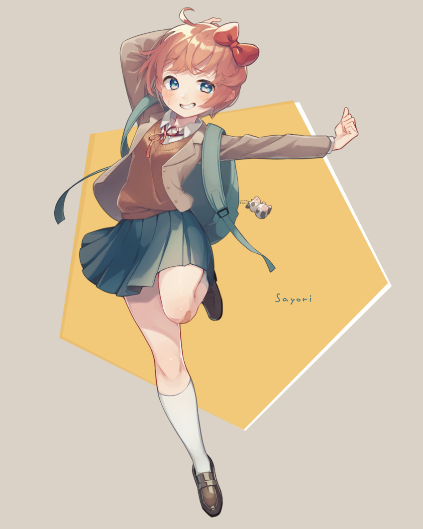 1girl animal_keychain backpack bag bag_charm bandaid blazer blue_eyes blue_skirt blush bow brown_footwear brown_jacket character_name charm_(object) doki_doki_literature_club grin hair_bow highres jacket kneehighs multicolored_background open_clothes open_jacket orange_sweater pink_hair red_bow sayori_(doki_doki_literature_club) school_uniform shifumame shirt shoes short_hair skirt smile socks solo standing standing_on_one_leg sweatdrop sweater white_legwear white_shirt white_socks