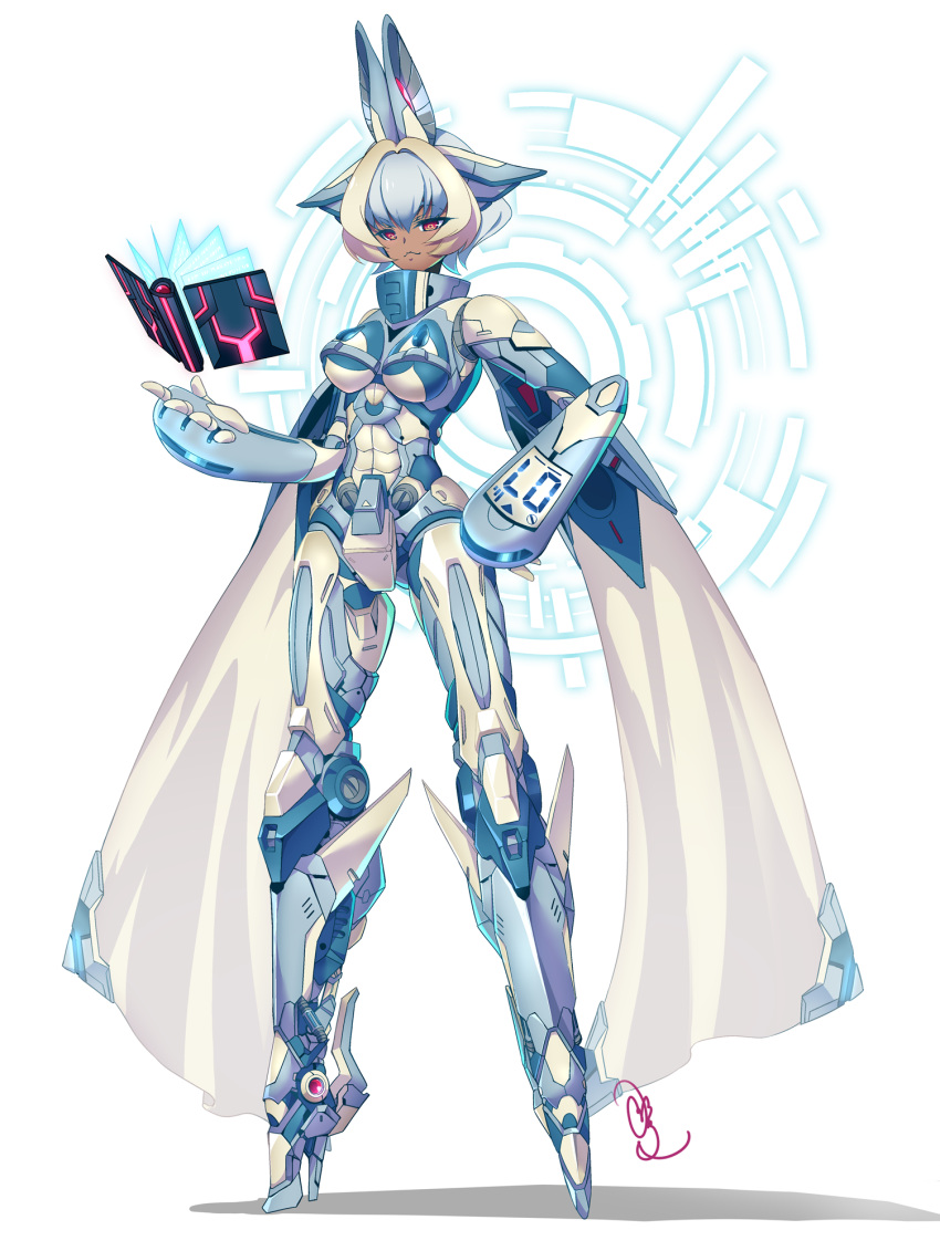 1girl :3 android blonde_hair blue_hair book breasts dark-skinned_female dark_skin hand_on_hip highres joints looking_at_viewer multicolored_hair nanashiro_1813 original red_eyes robot_joints short_hair signature solo standing two-tone_hair white_background