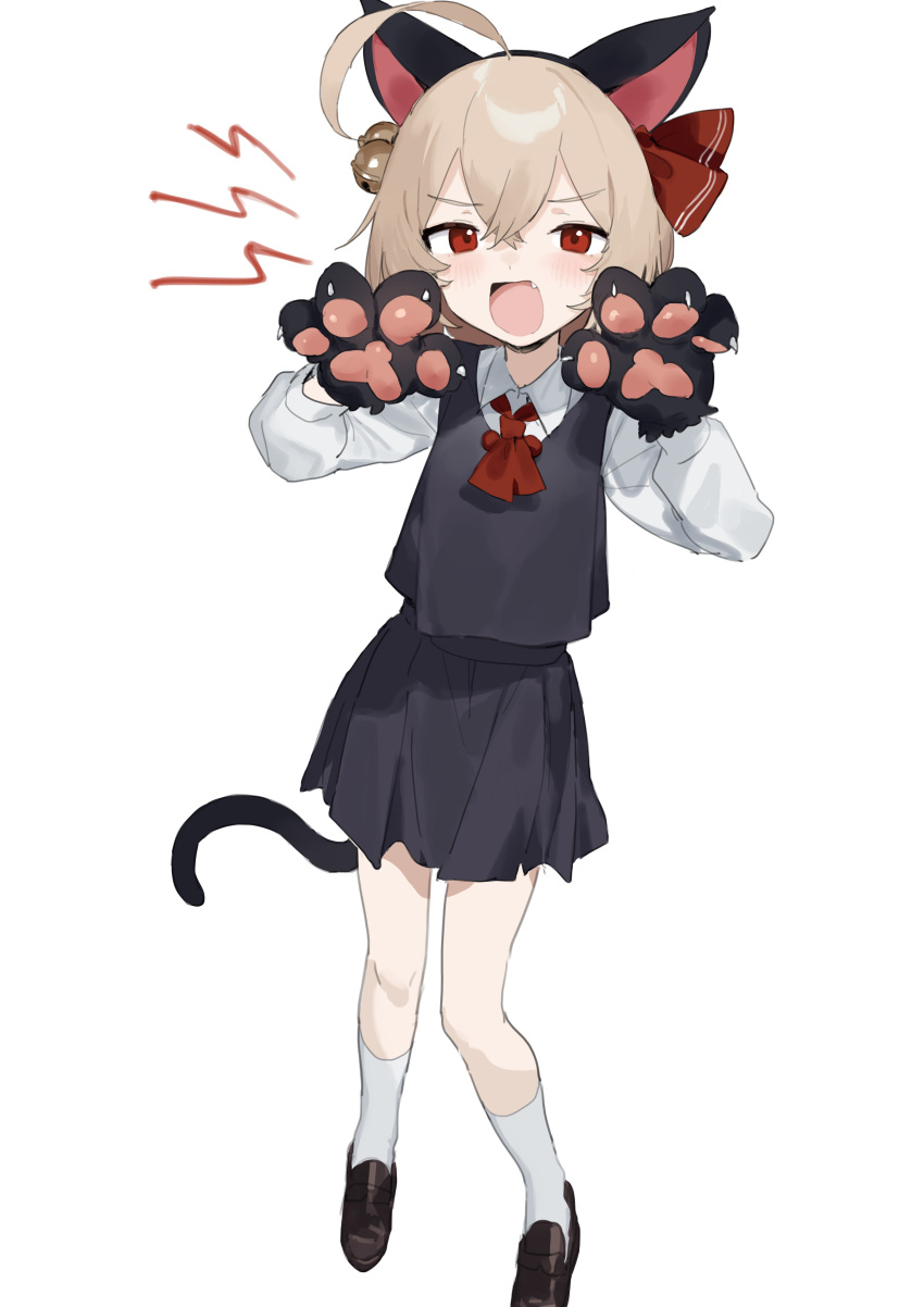 1girl absurdres ahoge animal_ears animal_hands bangs bell black_footwear black_gloves black_hairband black_skirt black_vest blush bow cat_ears cat_tail collared_shirt commentary_request fake_animal_ears fang gloves hair_bell hair_between_eyes hair_bow hair_ornament hairband hands_up highres jingle_bell light_brown_hair loafers long_sleeves looking_at_viewer open_mouth paw_gloves paws pleated_skirt puffy_long_sleeves puffy_sleeves red_bow red_eyes rumia sh_(562835932) shirt shoes simple_background skirt skirt_set socks solo tail touhou vest white_background white_shirt white_socks