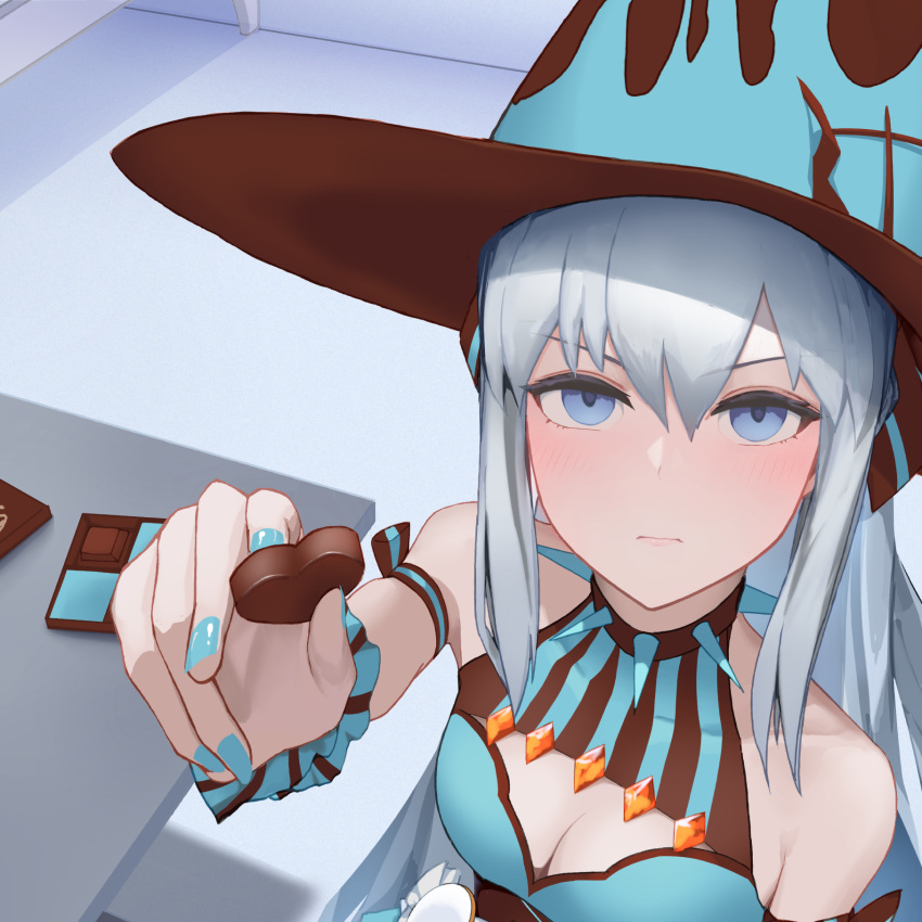 1girl bed blue_eyes blue_nails blush box box_of_chocolates candy chocolate collar fate/grand_order fate_(series) food gift giving grey_hair hat heart heart-shaped_chocolate highres holding holding_chocolate holding_food long_hair looking_at_viewer morgan_le_fay_(fate) morgan_le_fay_(valentine_witches)_(fate) nail_polish ribbon solo spiked_collar spikes sweets table torayotorayomonekonouchi valentine witch witch_hat