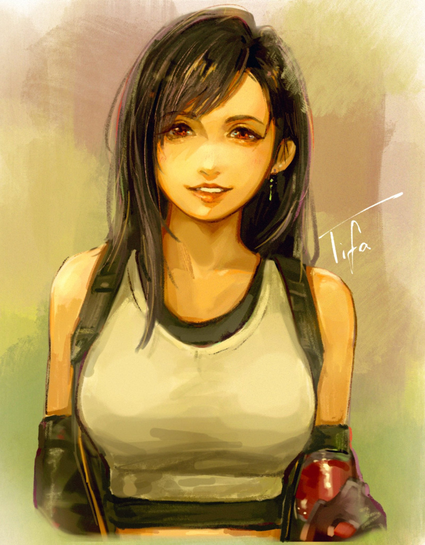 1girl bangs bare_shoulders black_bra black_gloves black_hair bra breasts brown_background character_name crop_top earrings elbow_gloves elbow_pads final_fantasy final_fantasy_vii final_fantasy_vii_remake gloves highres jap_artistagram jewelry large_breasts long_hair looking_at_viewer midriff parted_lips portrait red_eyes shirt sleeveless sleeveless_shirt smile solo sports_bra suspenders swept_bangs tank_top tifa_lockhart underwear upper_body white_shirt