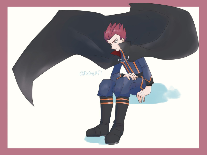 1boy black_cape black_footwear boots border cape closed_mouth commentary_request floating_cape hand_on_own_thigh high_collar highres jacket lance_(pokemon) long_sleeves looking_down male_focus pants pants_tucked_in pokemon pokemon_(game) pokemon_hgss redhead rising147 short_hair sitting solo spiky_hair twitter_username