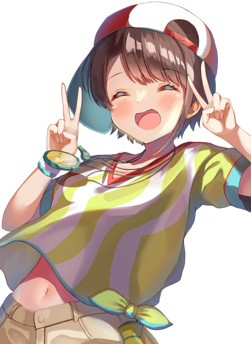 1girl :d ^_^ absurdres backwards_hat bangs baseball_cap blush brown_hair closed_eyes cowboy_shot double_v hat highres hololive midriff_peek navel oozora_subaru open_mouth rappi red_headwear shirt short_hair short_sleeves simple_background smile solo stopwatch striped striped_shirt sweatband swept_bangs t-shirt tied_shirt two-tone_headwear two-tone_shirt v vertical-striped_shirt vertical_stripes virtual_youtuber whistle white_background white_headwear white_shirt wristband yellow_shirt