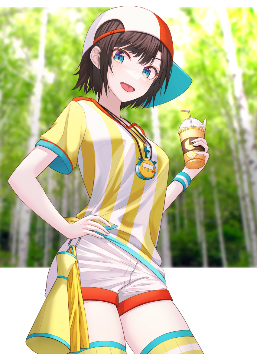 1girl :d absurdres baseball_cap blue_eyes blurry blurry_background brown_hair cup depth_of_field disposable_cup hand_on_hip hat highres hololive looking_at_viewer megaphone oozora_subaru shirt short_hair short_sleeves shorts sideways_hat smile solo standing striped striped_shirt thigh-highs timer white_shorts wristband yt9676