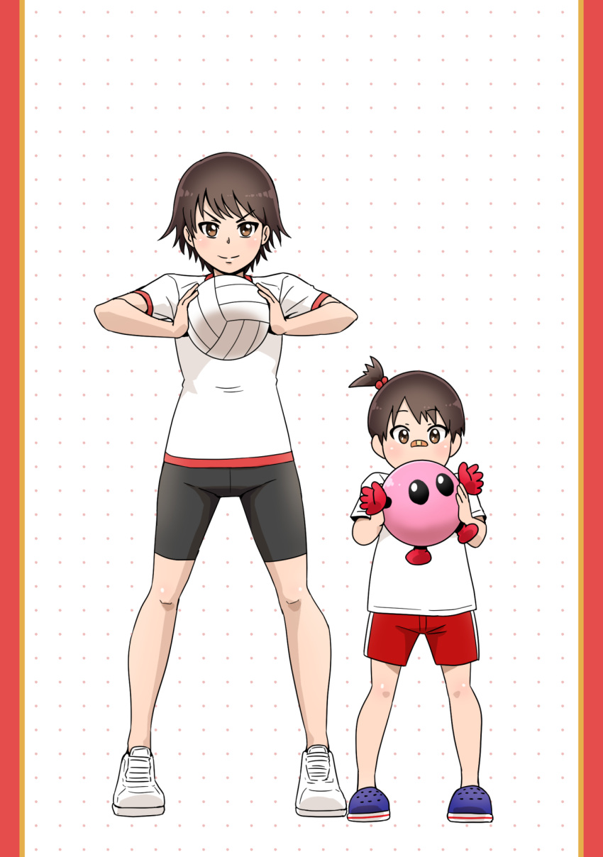 2girls aged_down ball bandaid bandaid_on_face bandaid_on_nose bangs bike_shorts black_shorts blue_footwear brown_eyes brown_hair commentary girls_und_panzer gym_shirt gym_uniform hair_bobbles hair_ornament halftone halftone_background highres holding holding_ball holding_toy isobe_noriko looking_at_viewer multiple_girls no_socks one_side_up polka_dot polka_dot_background red_shorts satou_yasu shirt shoes short_hair short_shorts short_sleeves shorts smile sneakers standing t-shirt time_paradox toy volleyball white_footwear white_shirt