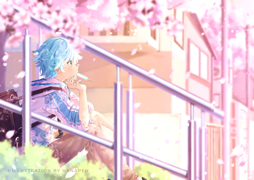 1boy artist_name backpack bag bangs blue_eyes blue_hair blurry blurry_background blurry_foreground blush brown_bag bush cherry_blossoms chongyun_(genshin_impact) commentary contemporary day depth_of_field english_commentary eyelashes falling_petals feet_out_of_frame food food_in_mouth genshin_impact grey_pants hair_between_eyes hanapen hand_up highres hood hood_down hoodie house long_sleeves male_focus mouth_hold open_mouth outdoors pants petals popsicle popsicle_in_mouth profile railing short_hair sidelocks sitting sleeves_rolled_up solo tree utility_pole vision_(genshin_impact) watermark white_hoodie