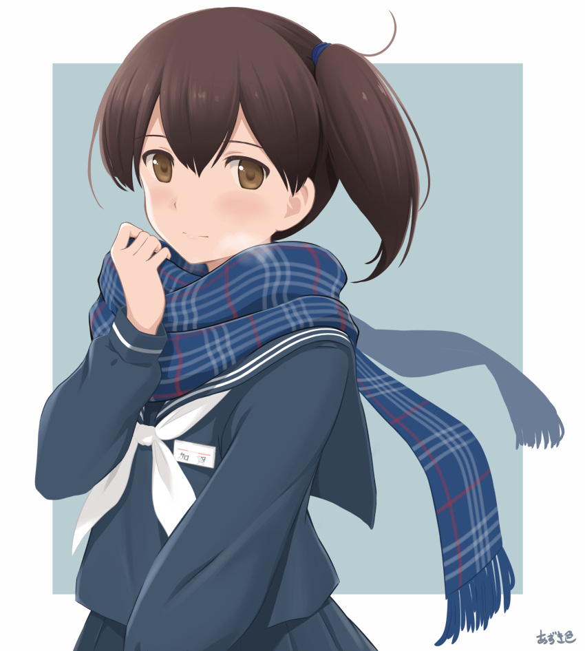 1girl azuki-iro bangs blue_sailor_collar blue_scarf blue_skirt breath brown_eyes brown_hair closed_mouth commentary_request hair_between_eyes highres kaga_(kancolle) kaga_(kantai_collection) kantai_collection long_sleeves looking_at_viewer neckerchief plaid plaid_scarf pleated_skirt ponytail sailor_collar scarf school_uniform serafuku side_ponytail signature simple_background skirt solo upper_body white_neckerchief