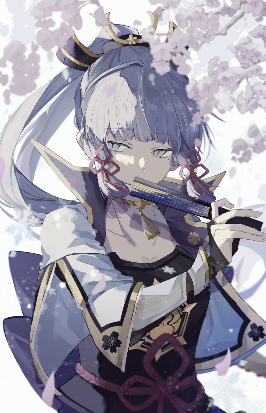 1girl armor bangs blue_eyes blue_hair blunt_bangs blurry blurry_foreground cherry_blossoms chinese_knot covering_mouth elbow_gloves fan folding_fan genshin_impact gloves hair_ornament hair_ribbon hand_fan highres hitoyuki_00 holding holding_fan japanese_armor japanese_clothes kamisato_ayaka kote long_hair mole mole_under_eye neck_tassel ponytail ribbon sideways_glance snowflakes solo tress_ribbon upper_body white_background wide_sleeves