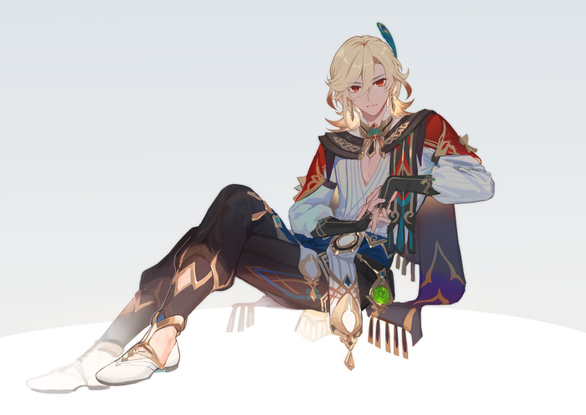 1boy bangs black_gloves blonde_hair brown_pants cape cccgs5 closed_mouth commentary crossed_legs earrings eyelashes feather_hair_ornament feathers fingerless_gloves full_body genshin_impact gloves gold_trim grey_background hair_between_eyes hair_ornament highres jewelry kaveh_(genshin_impact) long_hair long_sleeves looking_at_viewer male_focus mandarin_collar necklace own_hands_together pants parted_bangs puffy_long_sleeves puffy_sleeves red_cape red_eyes shirt shoes shoulder_cape sidelocks simple_background sitting smile solo tassel vision_(genshin_impact) white_footwear white_shirt