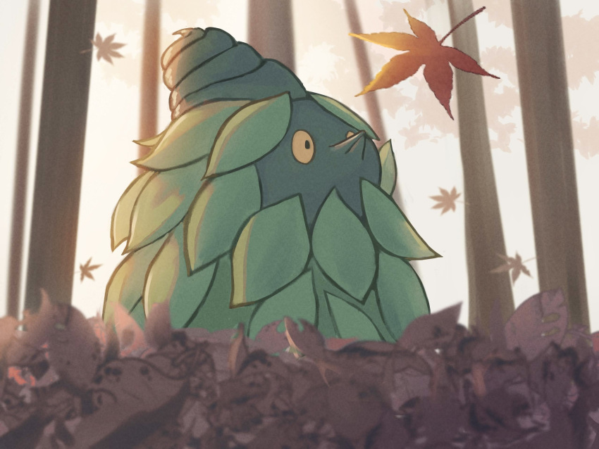 autumn autumn_leaves burmy burmy_(plant) commentary_request day from_below highres leaf looking_up luna_mokamoka no_humans outdoors pokemon pokemon_(creature) solo tree yellow_eyes
