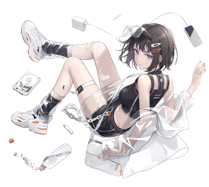 1girl bag bandaid black_hair blue_eyes bottle cellphone charger crop_top floating glasses hair_ornament hairclip handbag hard_drive highres iphone looking_at_viewer looking_back lying midair midriff nail_polish off_shoulder on_back orange_nails original phone see-through shoes short_hair simple_background skirt smartphone sneakers solo sugai_(4ugaii) thigh_strap water water_bottle white_background white_footwear