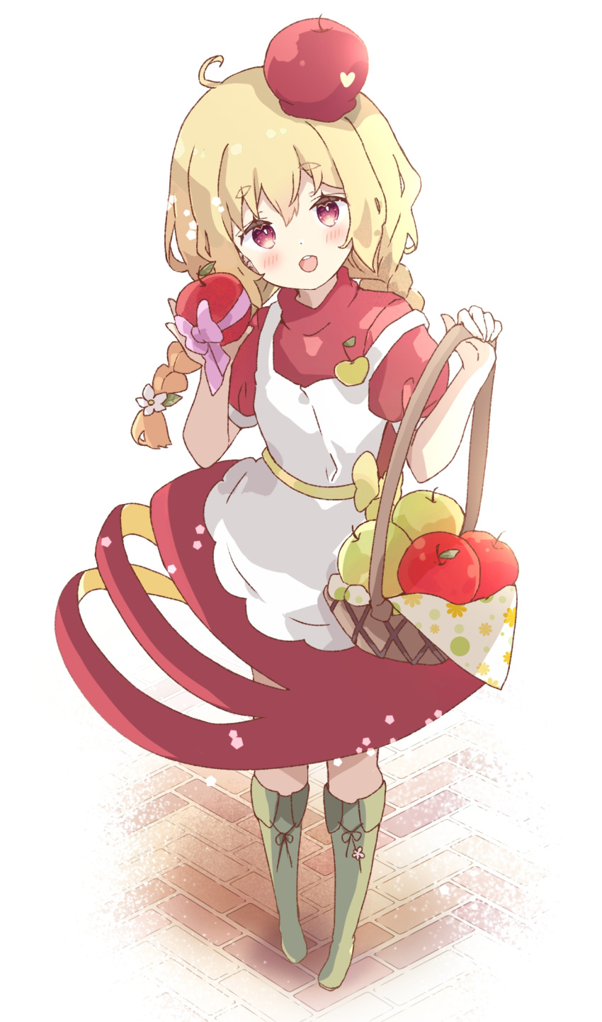 1girl :d ahoge apple apron bangs basket blonde_hair blush boots braid commentary dress food food-themed_clothes frilled_apron frills fruit full_body green_footwear hair_between_eyes highres holding holding_basket holding_food holding_fruit knee_boots long_hair original puffy_short_sleeves puffy_sleeves red_apple red_dress red_eyes short_eyebrows short_sleeves smile solo standing symbol-only_commentary thick_eyebrows tsukiyo_(skymint) twin_braids white_apron white_background
