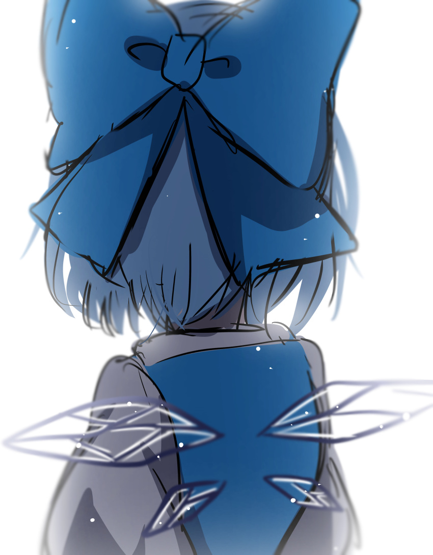 1girl 380u0 absurdres back blue_bow blue_hair blue_vest bow cirno commentary_request highres ice ice_wings shirt short_hair simple_background solo touhou upper_body vest white_background white_shirt wings