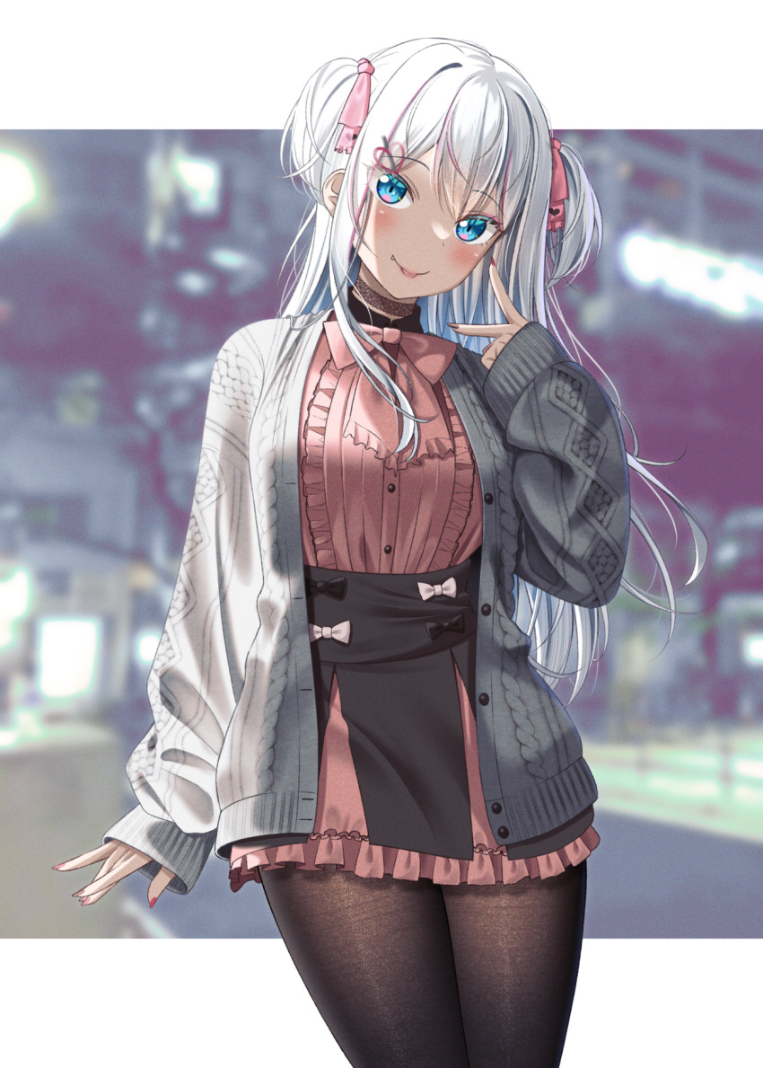1girl :p bangs black_bow black_skirt blue_eyes blurry blurry_background blush bow breasts brown_pantyhose center_frills closed_mouth depth_of_field fang fang_out frilled_skirt frills grey_hair grey_jacket gurande_(g-size) hair_ribbon highres jacket long_hair long_sleeves looking_at_viewer medium_breasts nail_polish open_clothes open_jacket original pantyhose pink_bow pink_nails pink_ribbon pink_shirt puffy_long_sleeves puffy_sleeves ribbon shirt skirt sleeves_past_wrists smile solo tongue tongue_out two_side_up v very_long_hair white_bow